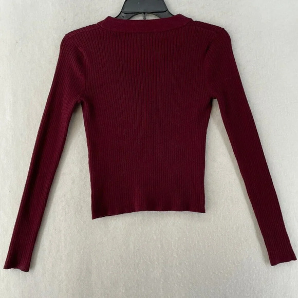 Forever 21 Sweater Womens M Red V-Neck Ribbed Knit Stretch Slim FitLong Sleeves - Picture 2 of 10